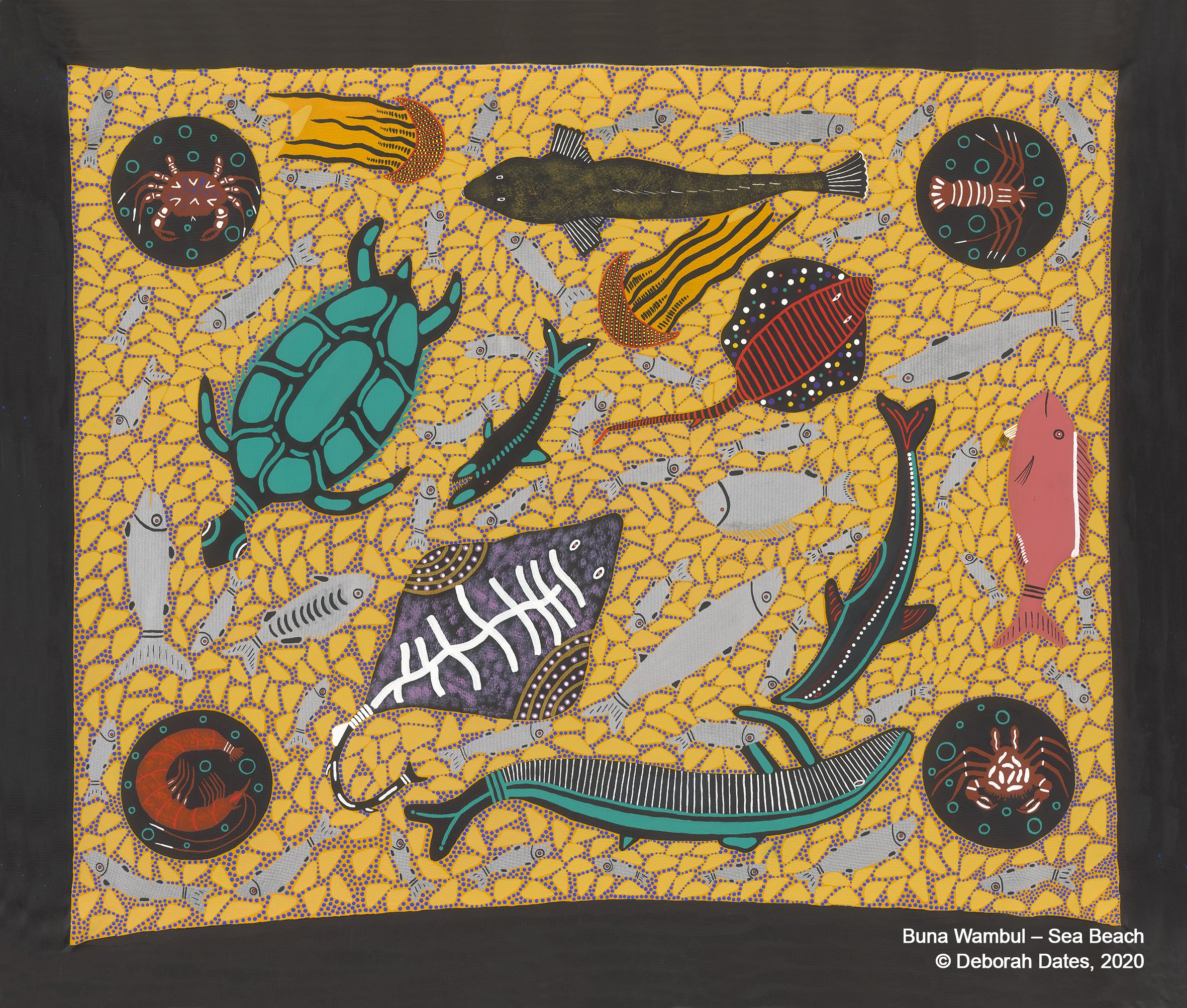 The artwork illustrates Sea Country animals of cultural significance or those identified as totems