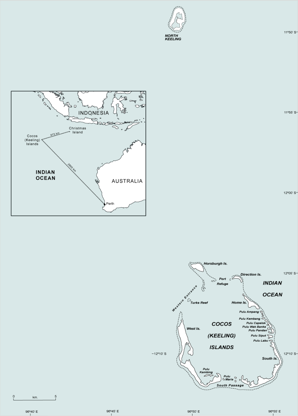 Map showing the location of Pulu Keeling National Park relative to the mainland