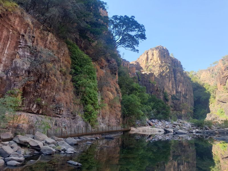 A pond of water with a tall stone cliff on the left side and a metal walkway against the cliff face.