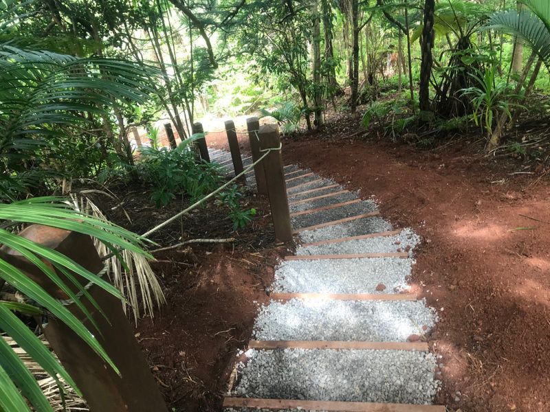 Newly installed Summit Track stairs with safety ropes.