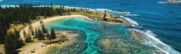 Aerial view of Norfolk Island’s inshore reefs at Slaughter Bay and Emily Bay.